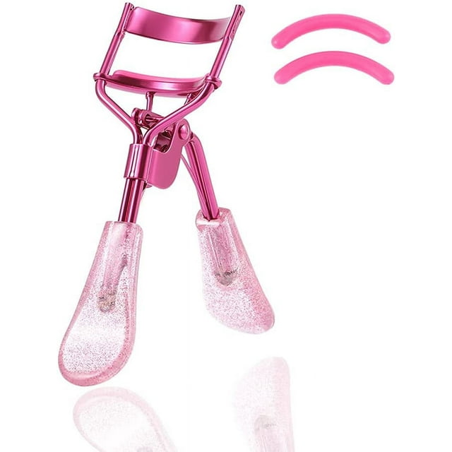 Rizador de pestañas de color rosa con 2 almohadillas de silicona de repuesto y mango con purpurina, herramienta para rizar pestañas para mujeres y niñas (rosa)