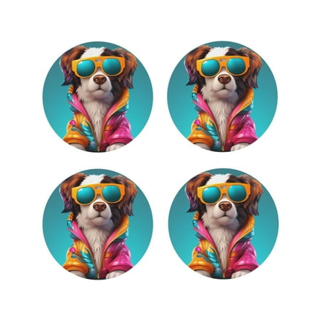 

Vsdgher Colorful Sunglasses Dog Leather Coasters for Drinks Durable Drink Coasters 4 Set for Tabletop Protection Luxurious Home Décor and Housewarming Gift-Round Shape