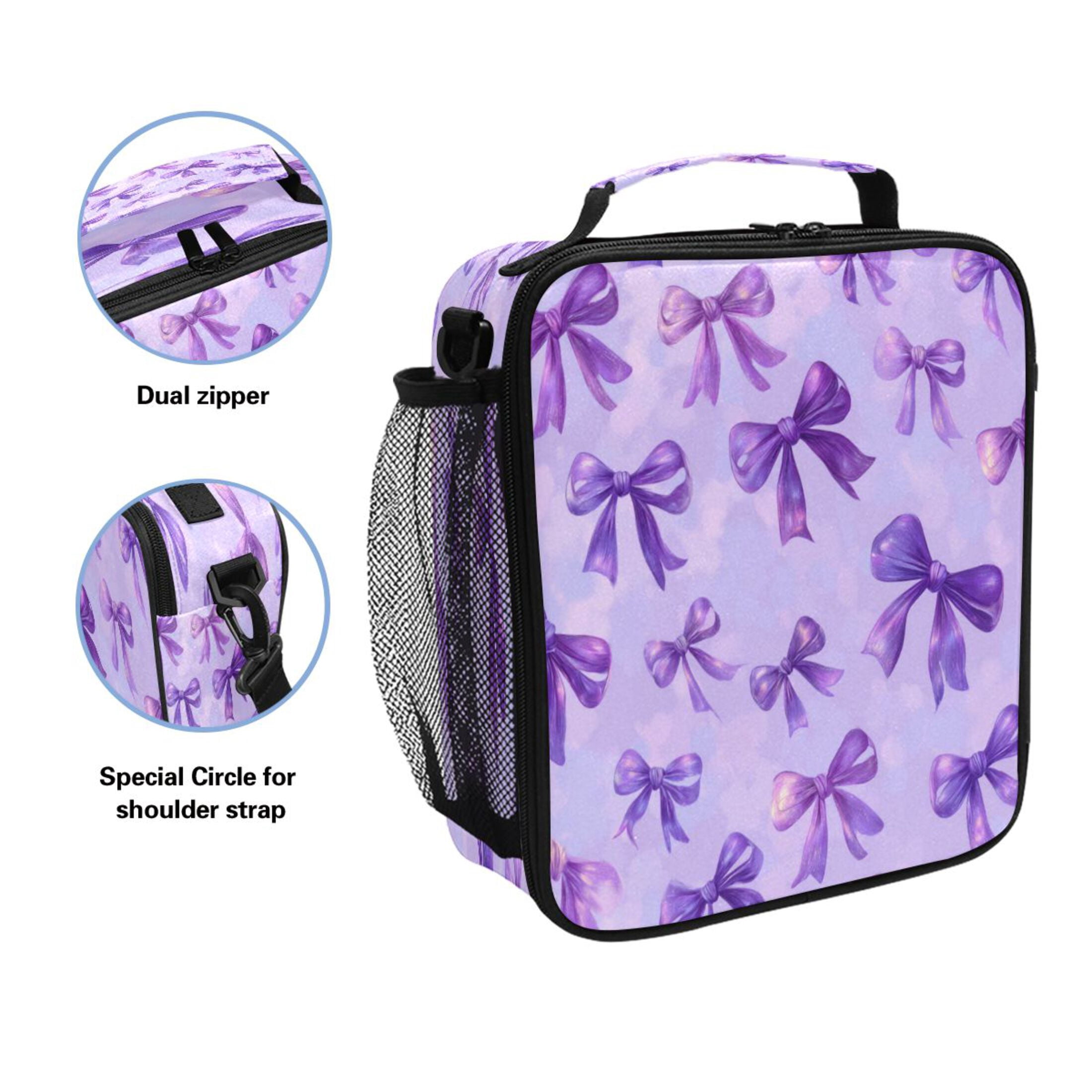 10.5X9.5in Square Insulated Lunch Bag Leak-proof Lunch Box for Outdoor Work Picnic Vibrant Purple Bows Pattern
