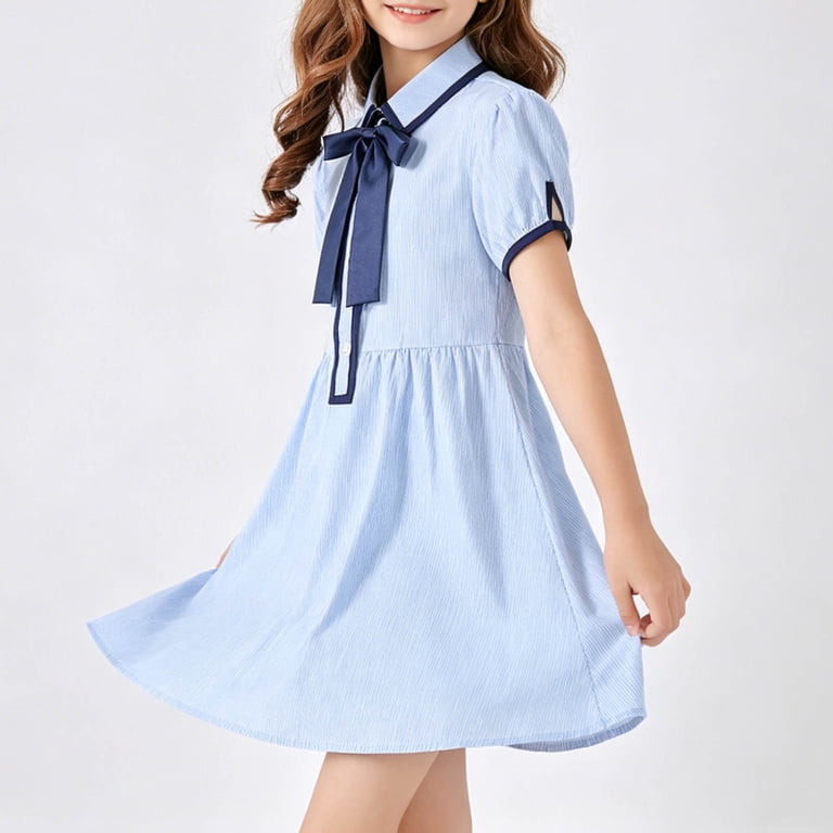 light blue uniform dress Piuwrlz Preppy Girls Back to School Dresses Bow-knot Lapel Collar A-Line Princess Skirts Size 11-12Years wear dress