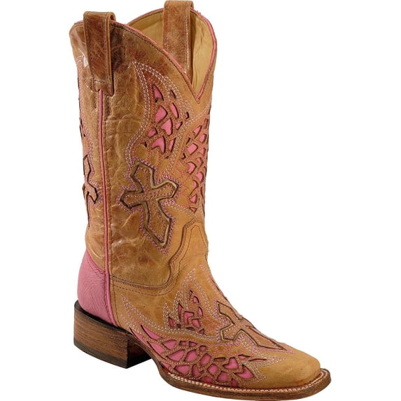 CORRAL Women's Wing And Cross Inlay Cowgirl Boot Square Toe Antique Saddle 8.5 M US