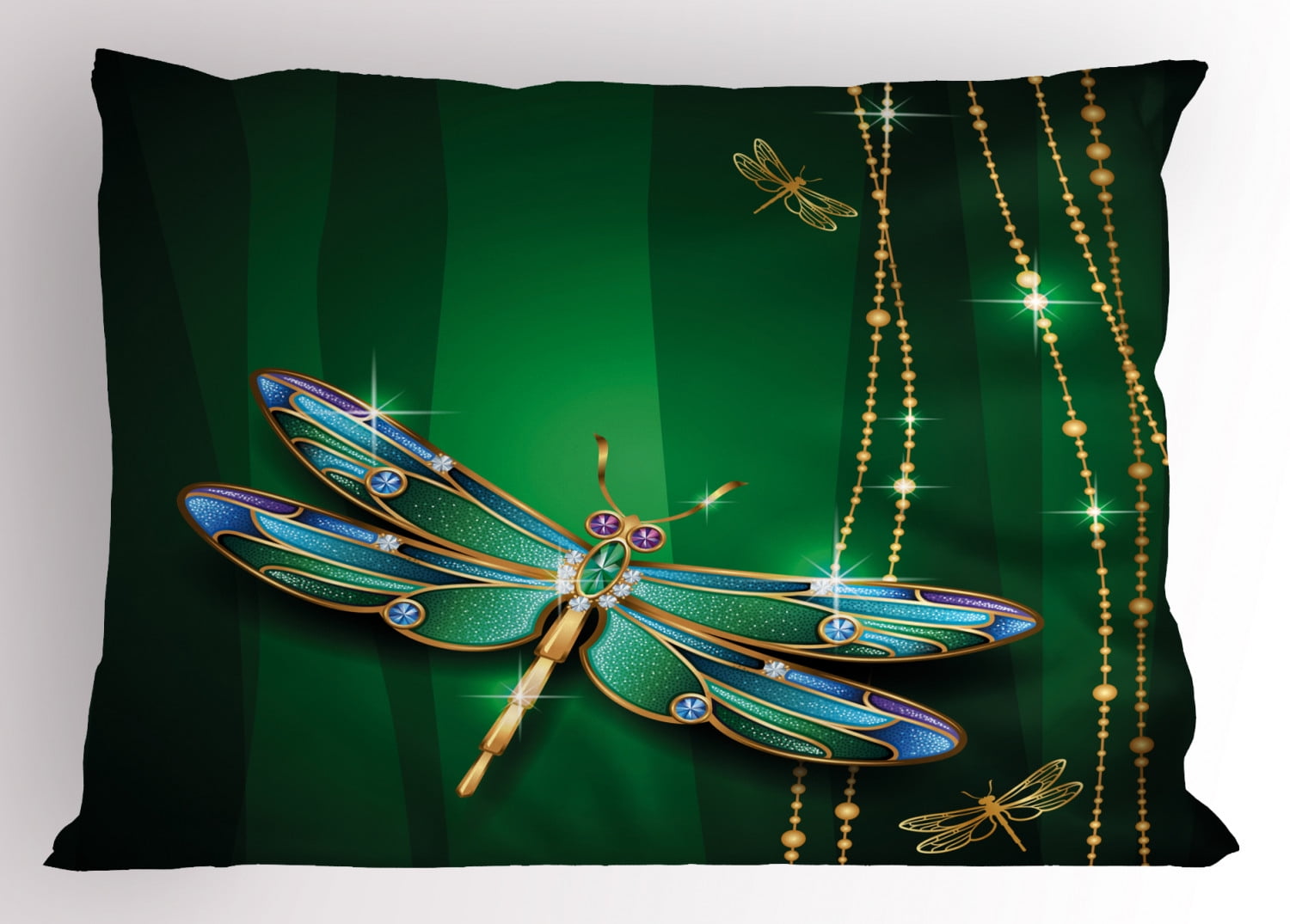 Dragonfly Pillow Sham Vivid Figures in Gemstone Crystal Diamond Shapes