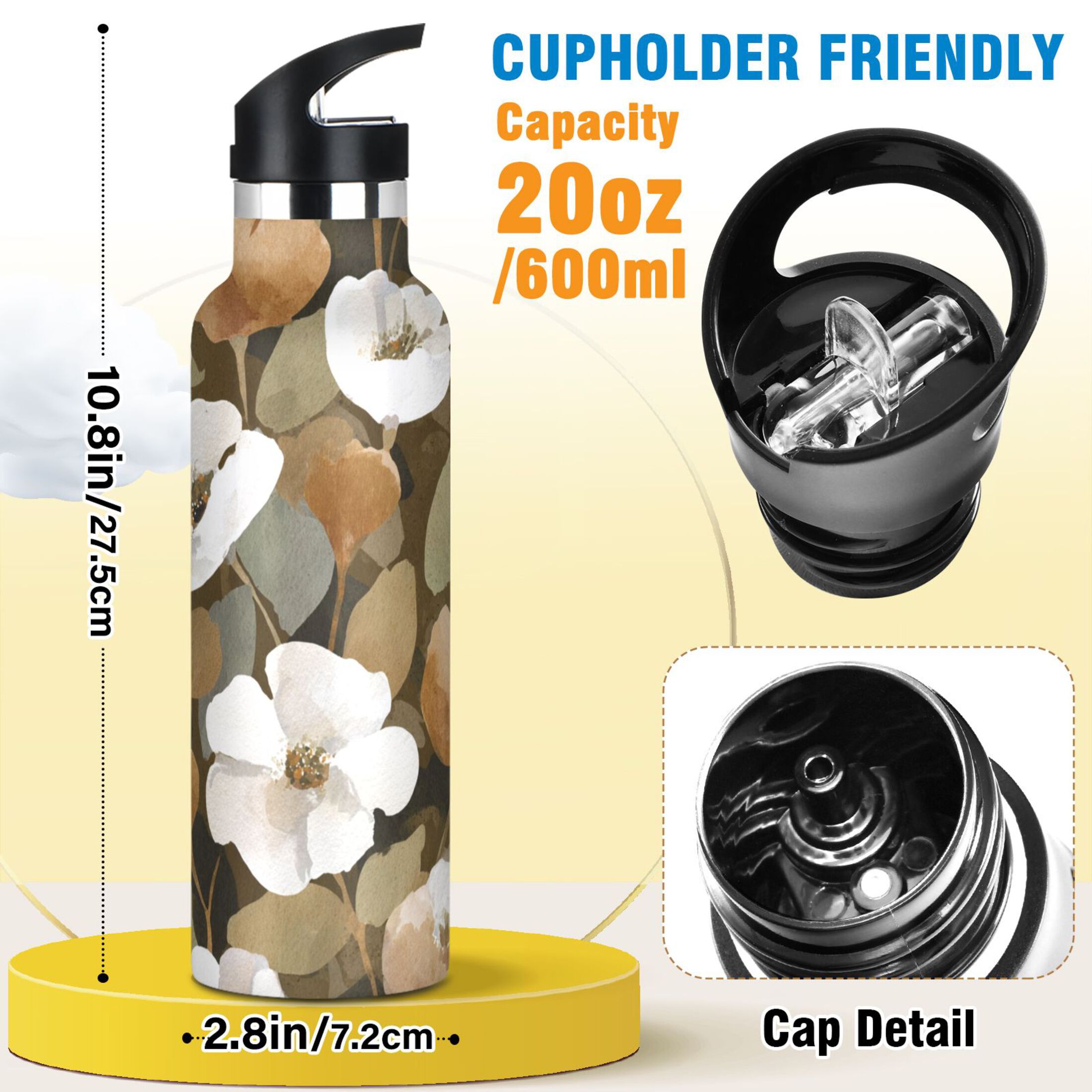 Kids Insulated Stainless Steel Sports Water Bottle 600ml (20oz) Camouflage White Flowers