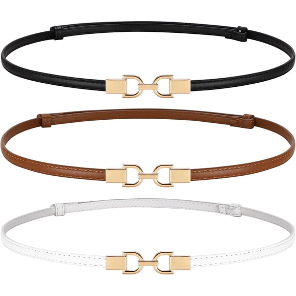 2 Pack Women Leather Skinny Belt for Dress Jeans Adjustable Thin Waist Belt with Gold Buckle