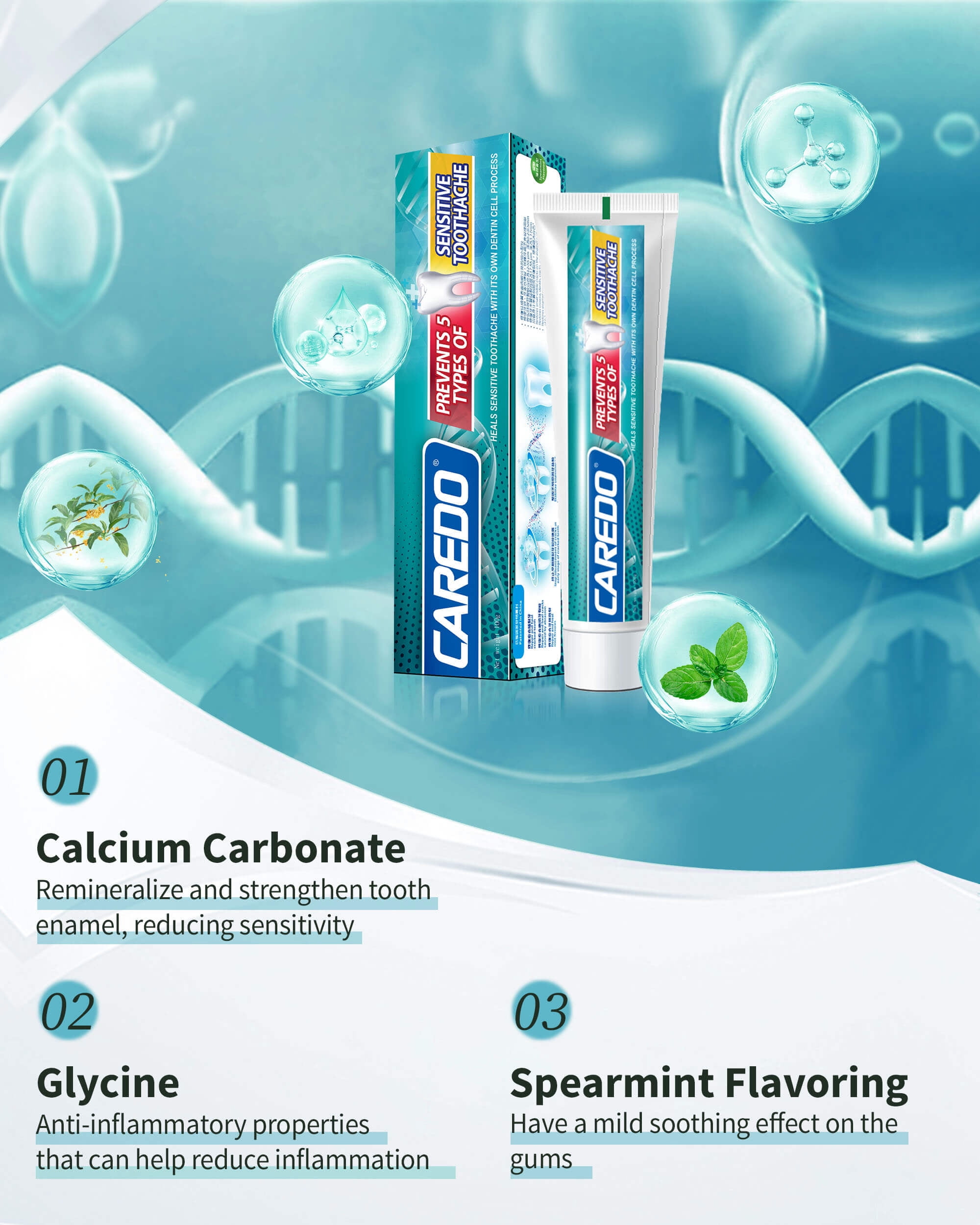 CAREDO Sensitive Toothpaste, Safe Enamel Repair Toothpaste Sensitivity Relief, Spearmint, 3.52 OZ