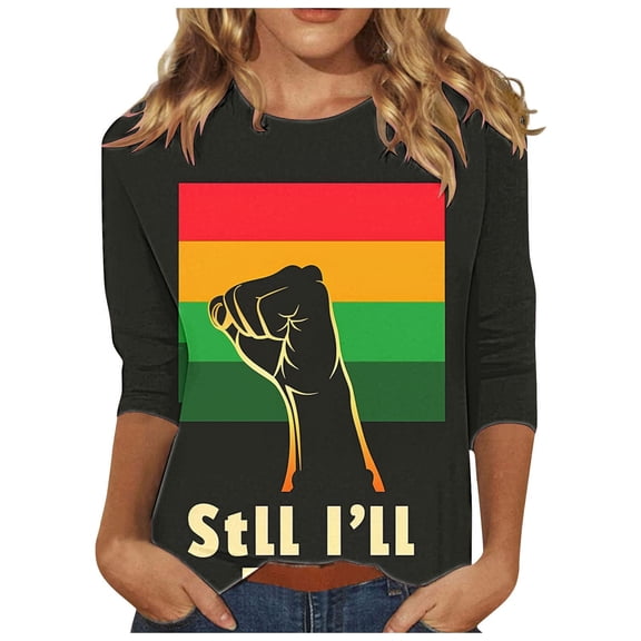 Penkiiy Black History Month Shirts for Women African American Pride Celebration Blouse T-shirt 3/4 Sleeve Crewneck Tops 2XL Multicolor