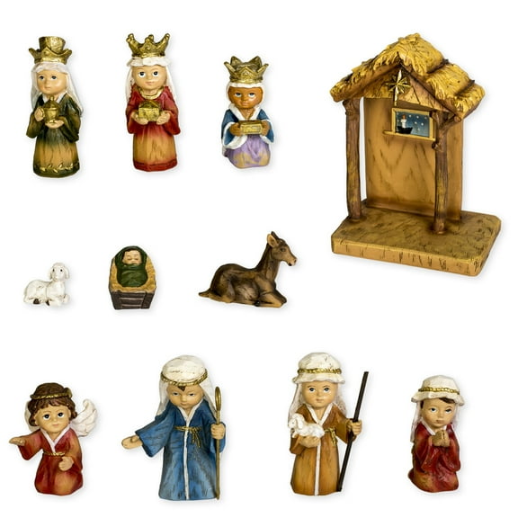 WoodWorks 11-Piece Nativity Set Featuring Children as The Holy Family an Angel, a Shepherd with Sheep and 3 Kings, 8-Inch (36144)