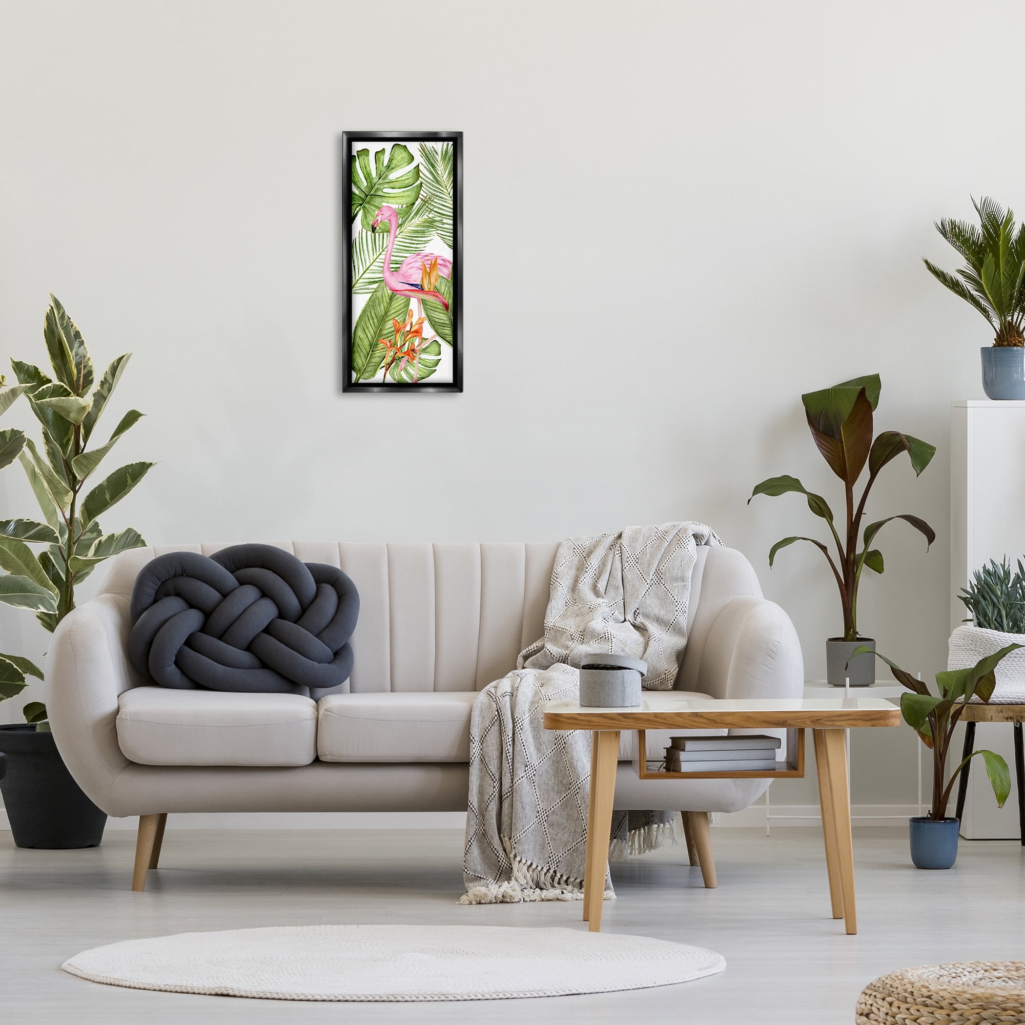 Stupell Industries Tropical Plants & Flamingo Animals & Insects Painting Black Floater Framed Canvas Art Print Wall Art, 11 x 25