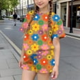 thumbnail image 1 of RKSTN Girls Ensembles pour Filles, T-Shirts à Col Rond à Manches Courtes à Imprimé Floral Coloré avec Shorts, Grande Enfant, Ensemble Pièce Two (Brun, 9-10 Ans), 1 of 6
