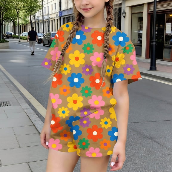 ITSAME Girls Outfits 2-Piece, Floral Print Crewneck Tees and Shorts Summer Fashion Casual Clothes Set Brown Size 13-14