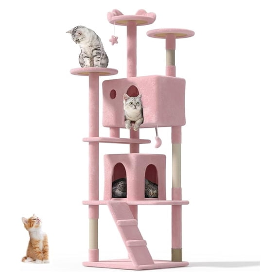 77'' Cat Tree Tower for Indoor Cats Large Adult, Cute/Tall Modern Cat Tree for Big Cats 20 lbs, Plush Multi-Level Cat Condo with Scratching Posts,Dangling Ball (Soft Pink, 77 inch)