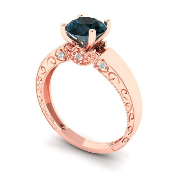 1.06 ct Round Cut Natural London Blue Topaz Solitaire with Accents Engagement Ring for Women in 18K Rose Gold