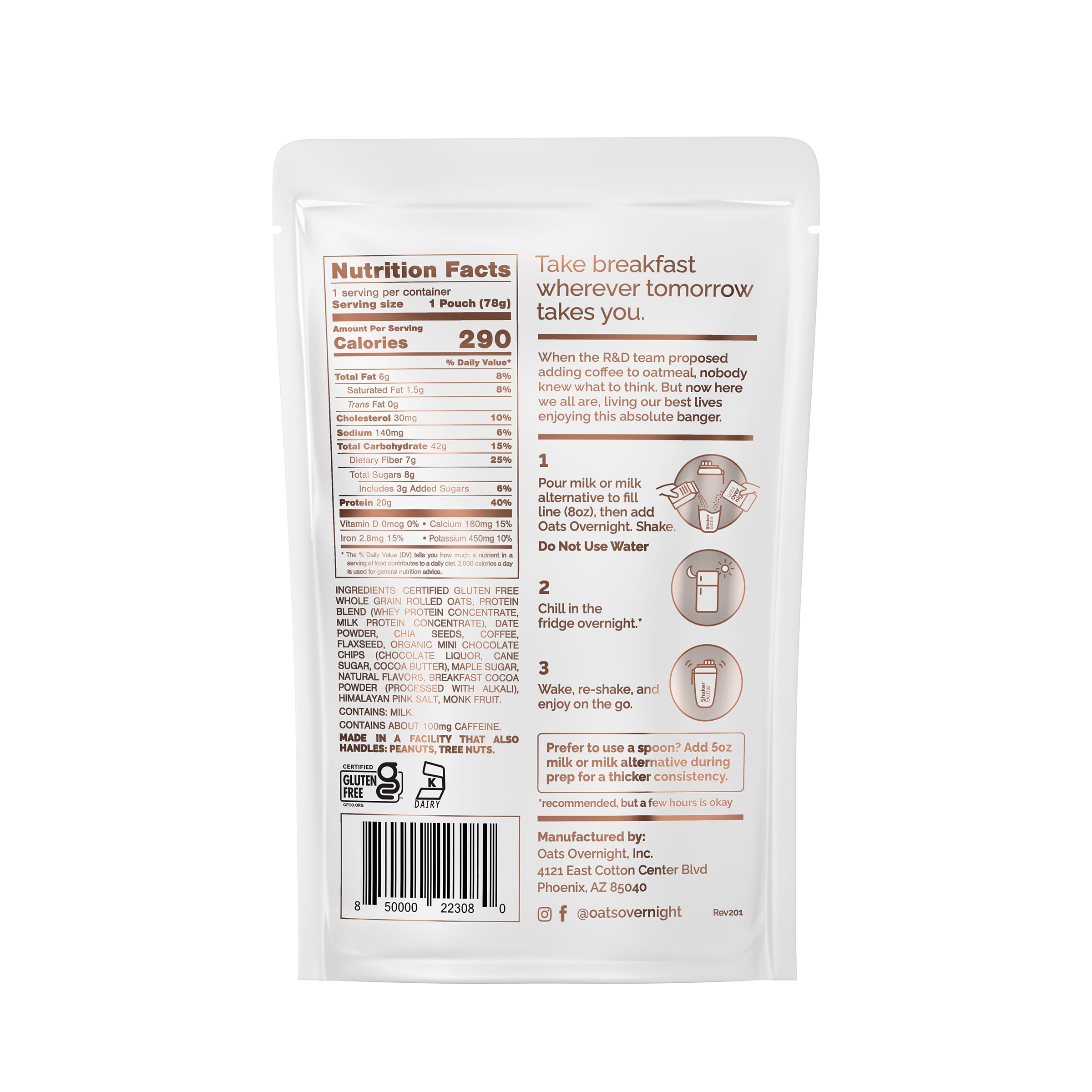 (3 pack) Oats Overnight Mocha Chip High-Protein Overnight Oatmeal Shakes, 2.7oz, 1 Pouch