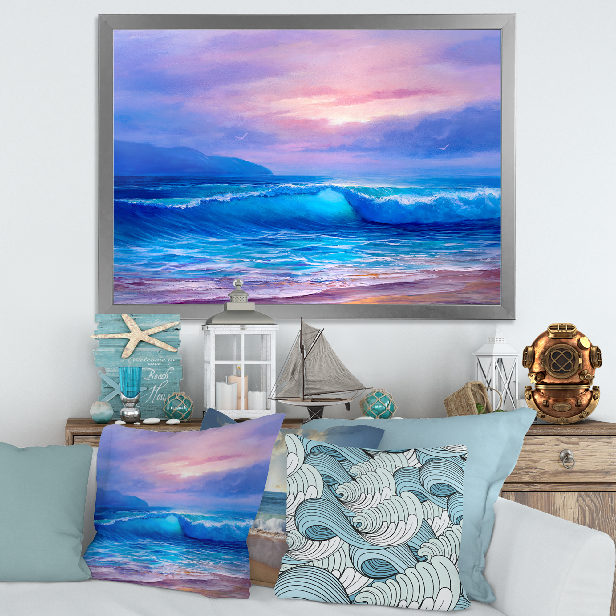 Designart 'The Sea By The Beach With Golden Sunset' Nautical & Coastal Framed Art Print