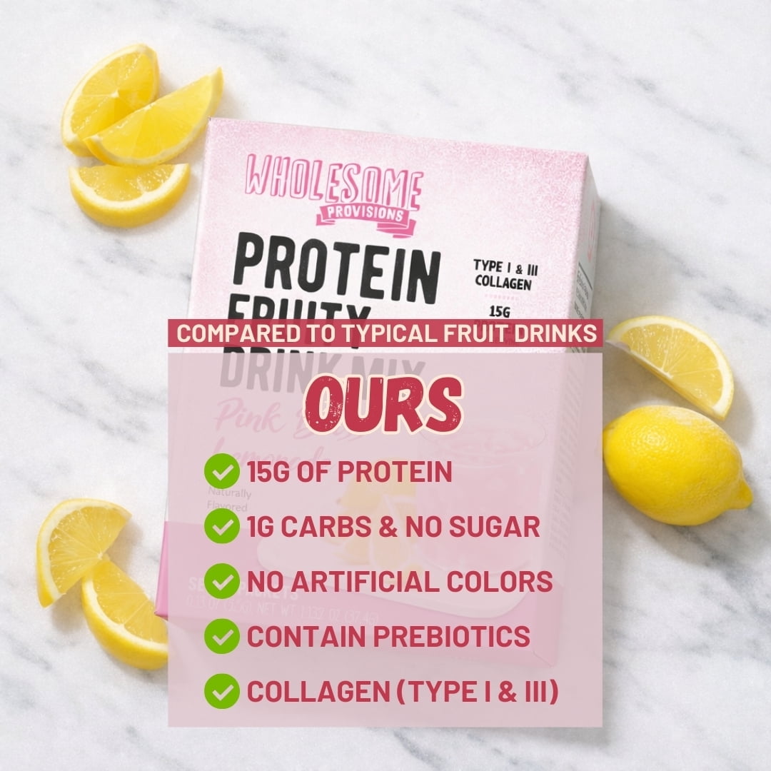 Protein Fruit Drink Mix, 15g Protein, Low Sugar, Collagen + Prebiotics, No Artificial Colors or Dyes, Refreshing by Wholesome Provisions(Pack of 5, Pink Lemonade)