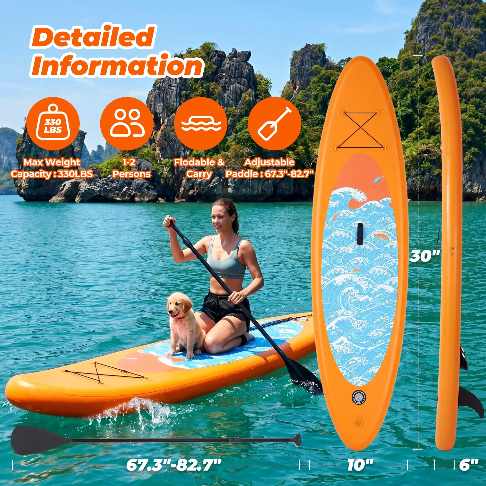 Naipo Inflatable Paddle Board 10ft Surf Orange Stand Up Paddle Board Full SUP Accessories 6in Thick 330 lbs Capacity for All Skill Levels