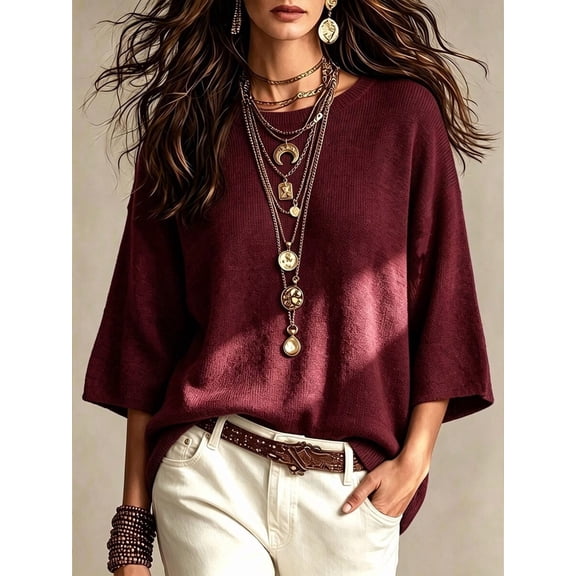 Casual Loose Round Neck 3/4 Sleeve Knit Basic Batwing Sleeve Design Women's Spring/Autumn Knit Top
