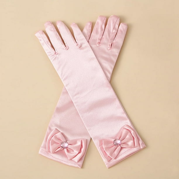 Zhuge Guantes de princesa, guantes largos de satén blanco para niña, guantes de princesa con lazos de diamantes para cumpleaños, bodas, fiestas de disfraces, color rosa