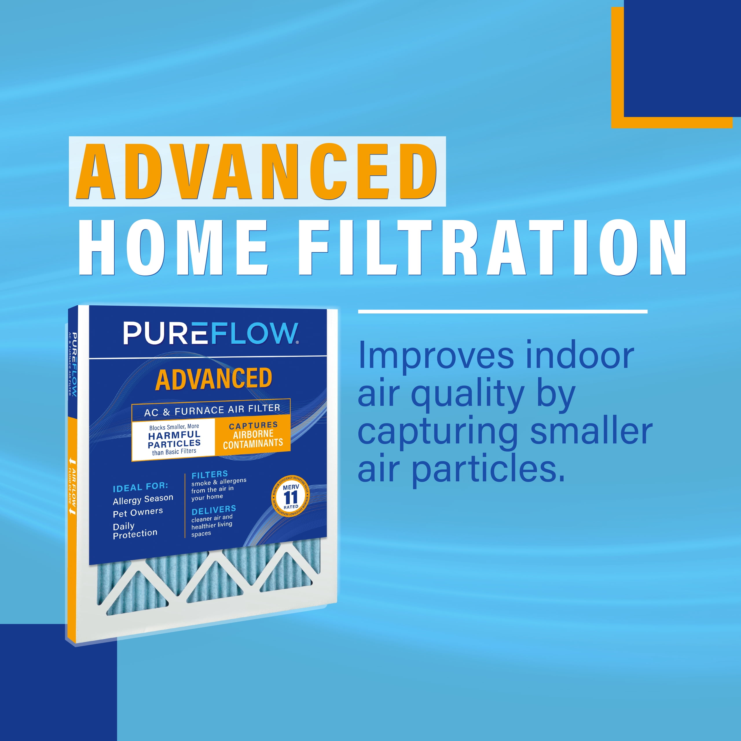 PUREFLOW Home Air Filter MERV 11, 21.5x24x1 Furnace Filter, 4 Layer High Efficiency Filtration for Dust, Smoke, Fumes, Pollutants (4-Pack)