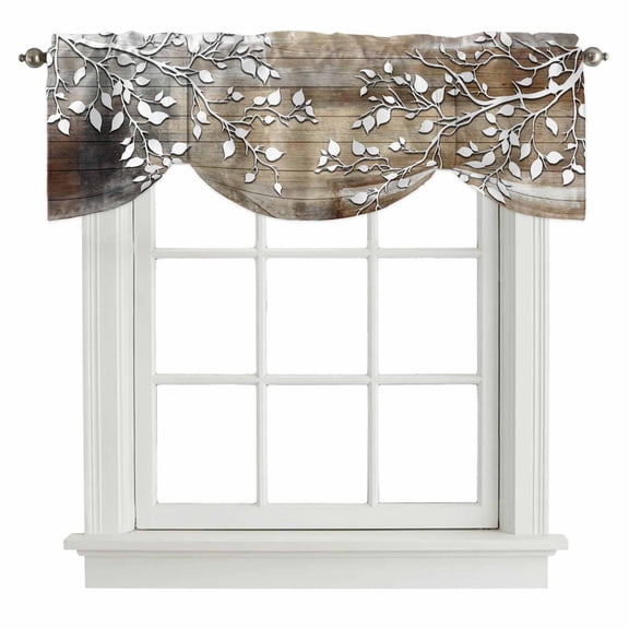 Tie Up Valance White Branches Valances for Windows Brown Beige Wooden Grain Balloon Shade Valance Rod Pocket Window Treatment Short Curtain Valances for Living Room Kitchen Bedroom Bathroom 54"x18"