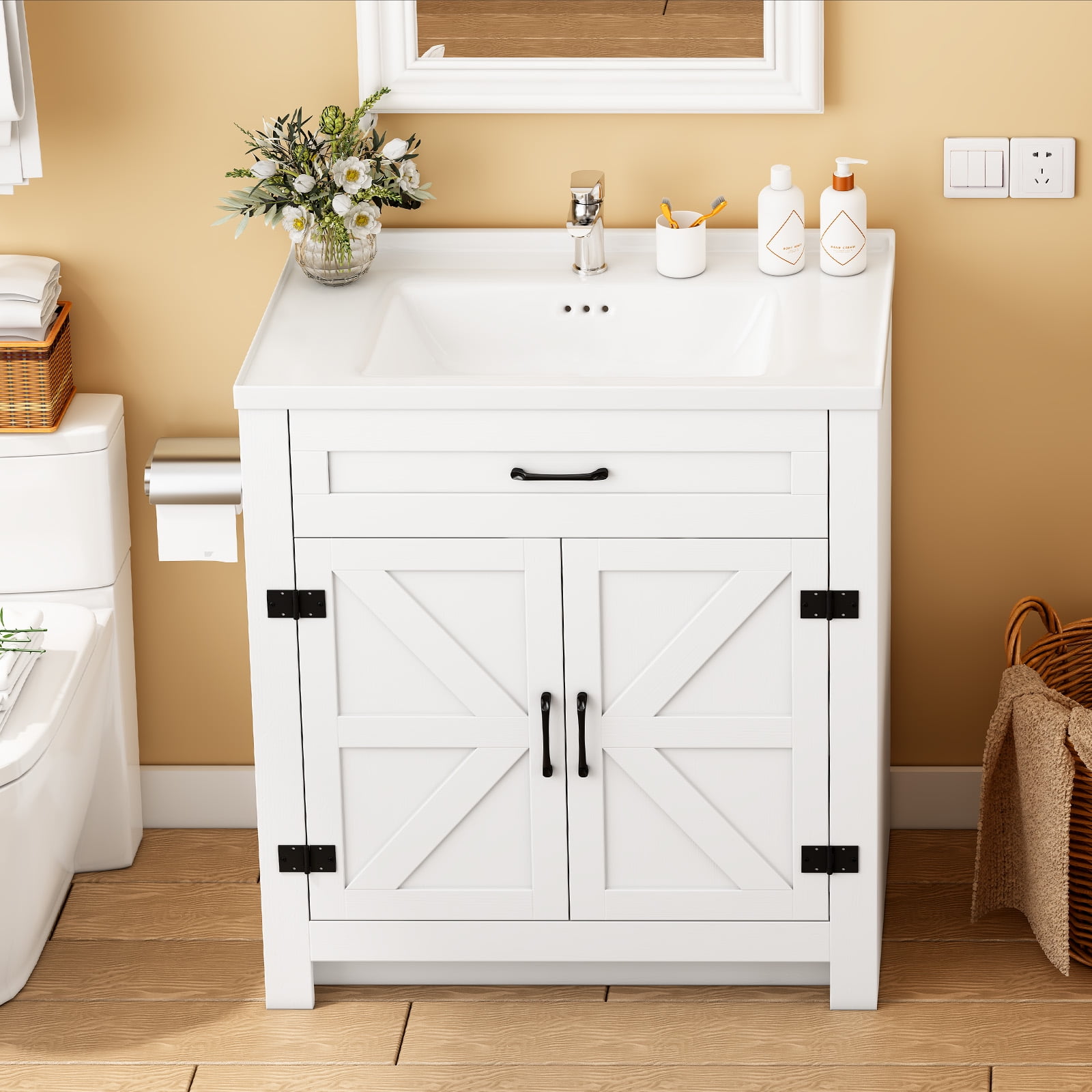Yamissi 24" Freestanding Bathroom Vanity with Ceramic Sink, Storage Cabinet with 2 Soft Closing Doors, Modern White