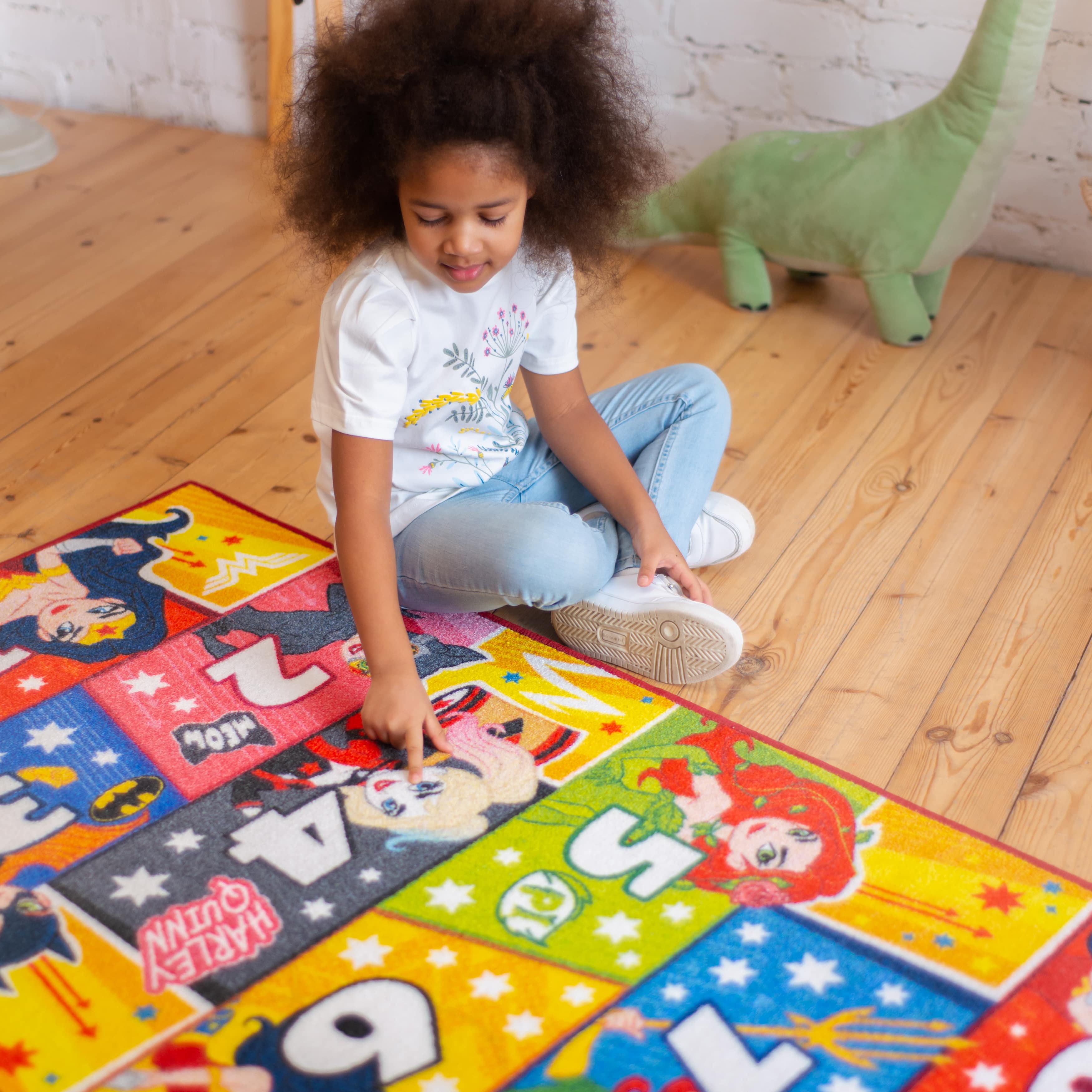 KC Cubs | Justice League Girls Hopscotch Number Counting Activity Educational Learning & Fun Game Play Area Non-Slip Rug Carpet for Kids and Children Bedrooms, Classroom and Playroom