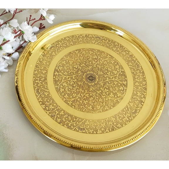 Indian Art Villa Brass Plate, Double Ring Floral Design, Elegant Home Décor, 13" Diameter