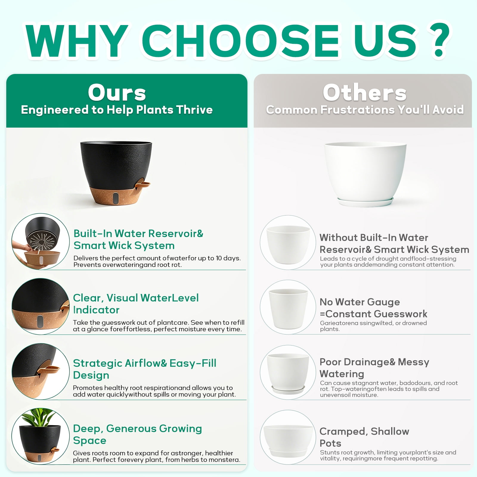 FIASON 5 Pack Plastic 6/8/9/10/12 Inch Black with Brown Self Watering Plant Pots,Include Watering Lip, Drainage Holes & Removable Saucer for Indoor Outdoor Garden House Plants