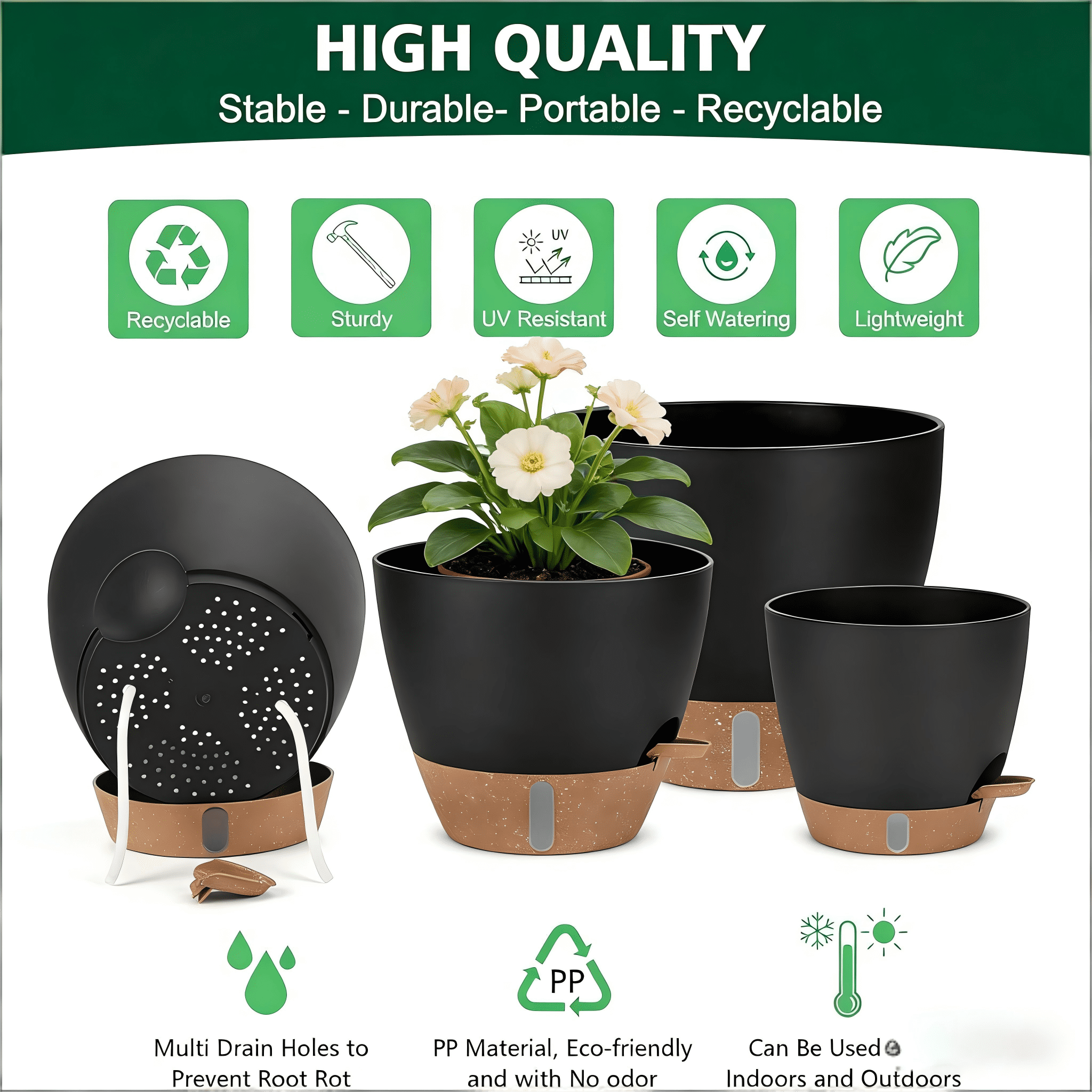Lopxenu Self-Watering Plant Pots with Water Level Indicator, Set of 4 Flower Planters with Drainage Holes & Saucers, 12/10/9/8 Inch Large Plastic Planter Set for Indoor & Outdoor Plants ( Black)