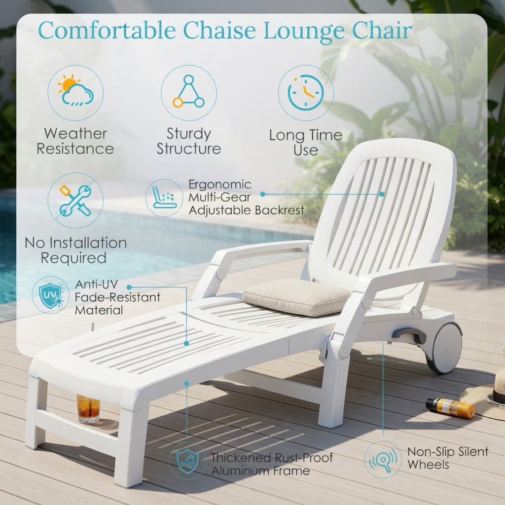Hommoo Adjustable Outdoor Sun Lounger with All-Terrain Wheels, Weather-Resistant PP Recliner for Patio, Poolside & Backyard, White