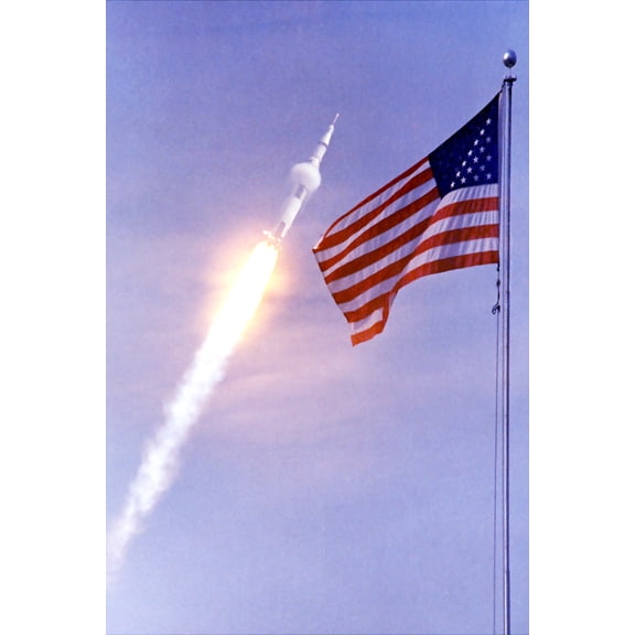 24x36 gallery poster, Apollo 11 Saturn V rocket with American Flag