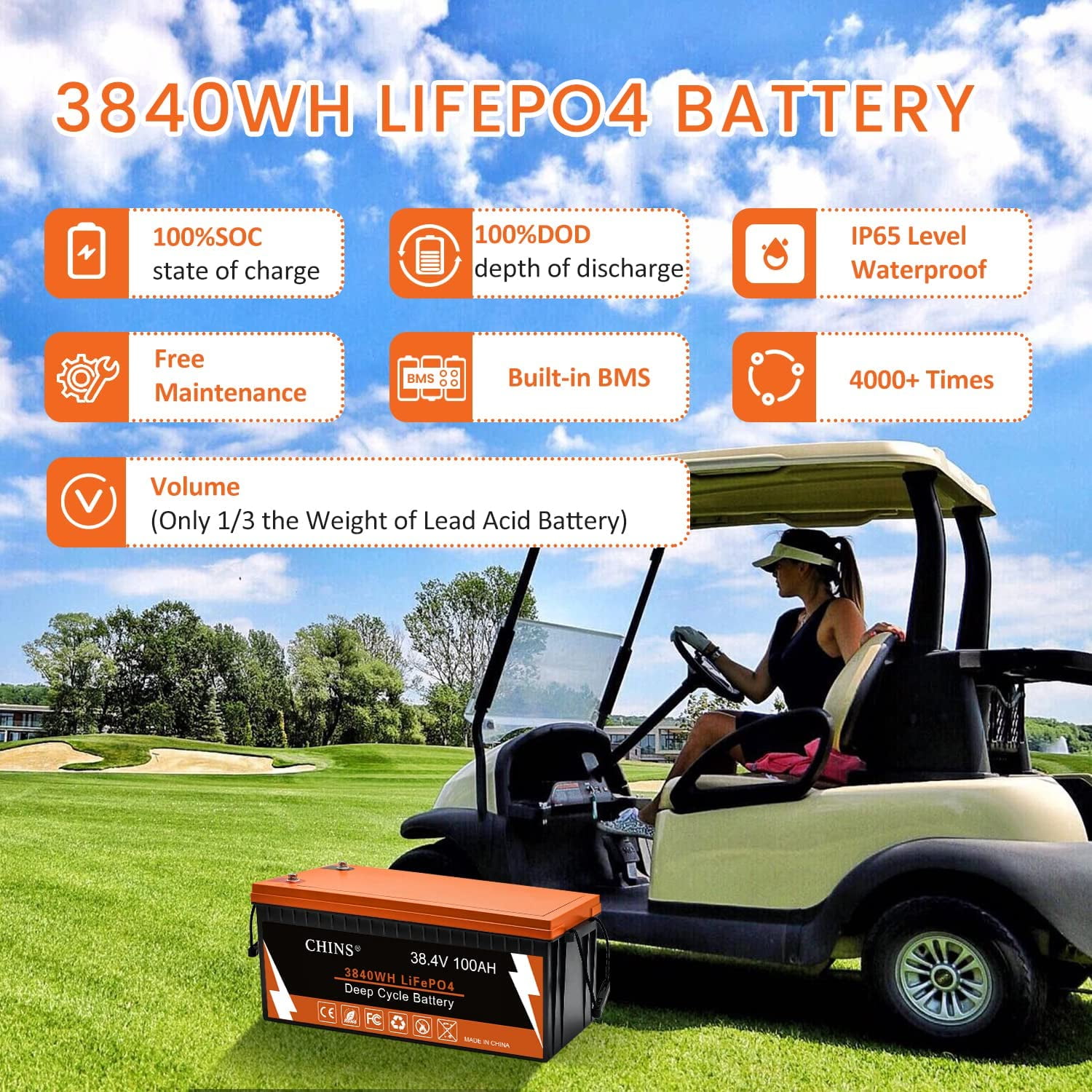 CHINS Bluetooth LiFePO4 Smart 36V 100AH Lithium Iron Battery for Golf Carts