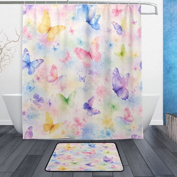 TTYFWHD 60" x 72" Shower Curtain and Bath Mat Set Rainbow Butterfly Seamless Pattern Waterproof Bathroom Curtain with 12 Hooks, Bathroom Decor Set