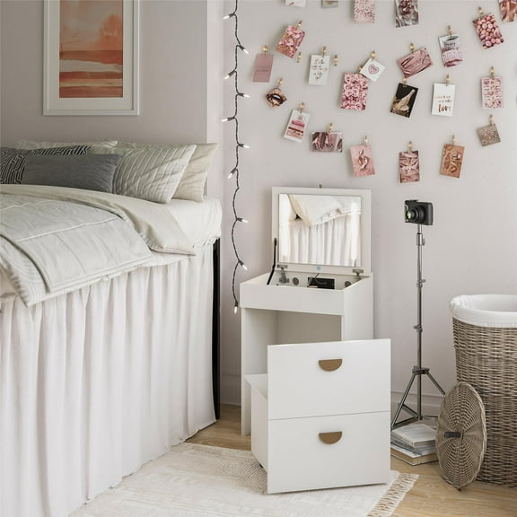 Ameriwood Home Compact 3-in-1 Vanity Set, Makeup Storage Desk & Stool, Mirror w/ LED lights & USB Charging Station, White