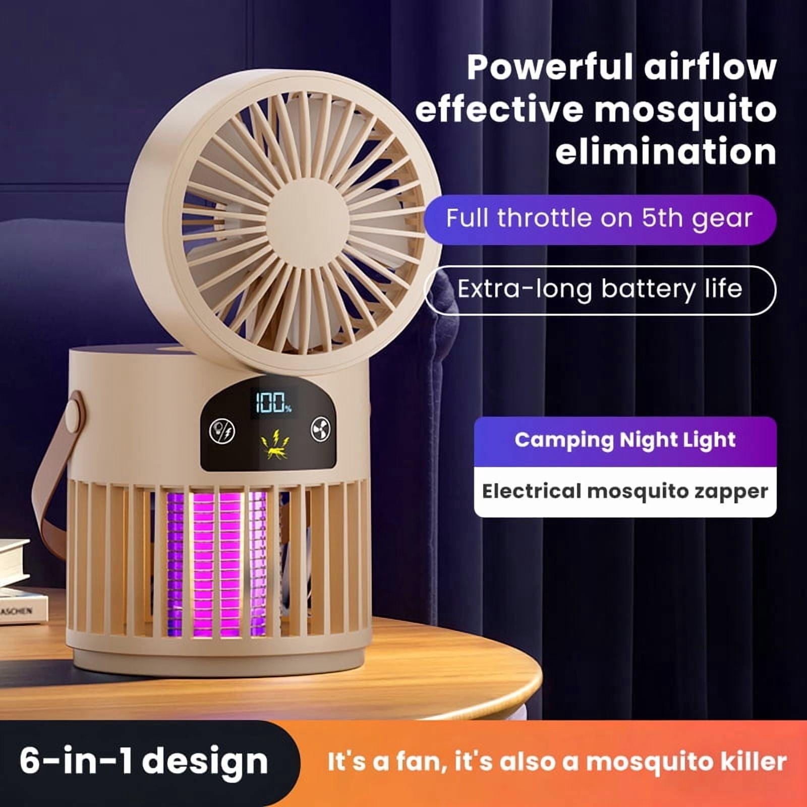 6-in-1 Portable Mosquito Killer Fan with 5 Wind Speeds, Multifunctional for Outdoor Camping & Home Use（Cream）