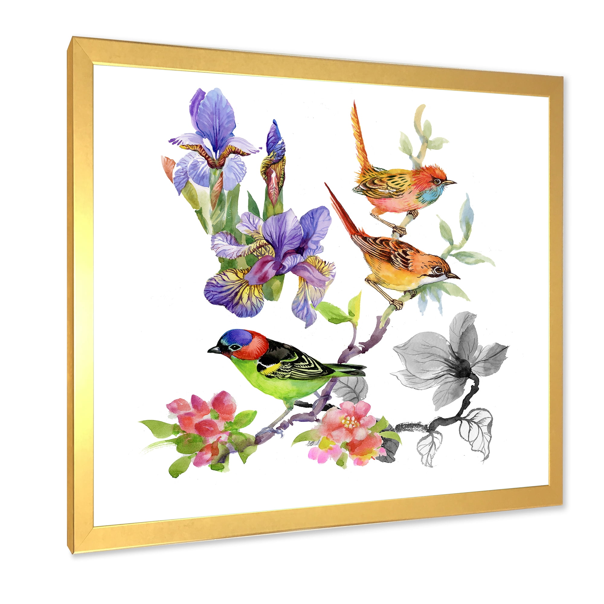 Designart 'Colourful Birds and Tropical Flowers I' Traditional Framed Art Print