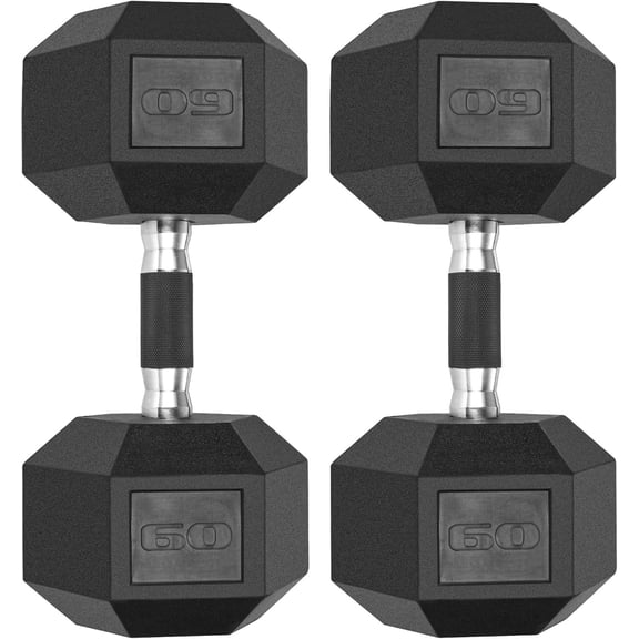 LIFERUN Rubber Grip Hex Dumbbells, 60lb, Coated Cast Iron Free Weights Dumbbell Set,Set of 2