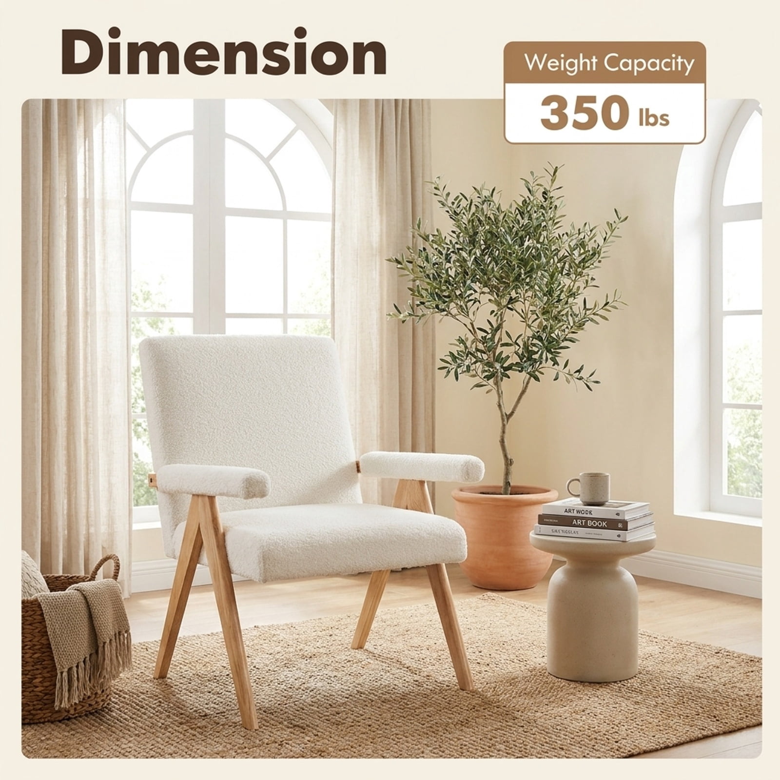 Furnibear Mid Century Modern Accent Chair with Cozy Sherpa Upholstery Padded Armrests and Solid Rubber Wood Frame for Living Room and Bedroom, White
