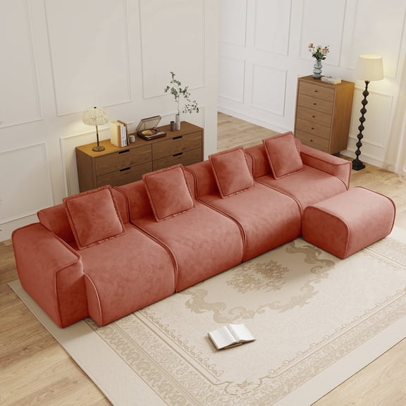 FFZ 4 Seat L-Shape Sectional Sofa with French Edge Piping, Velvet Fabric and Movable Ottoman, Red