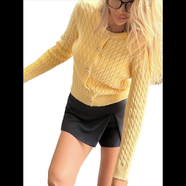 Cárdigan Corto de Punto para Mujer, Suéter Ligero de Larga y Otoño con Botones Amarillo M