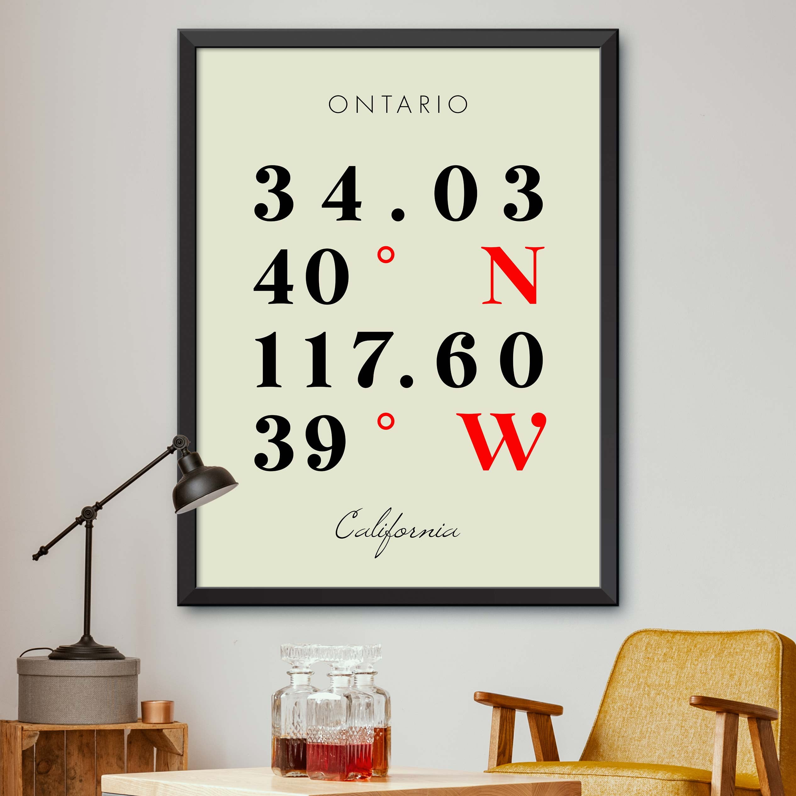 Map of Ontario, California, Multiline Coordinates Colored (16x20