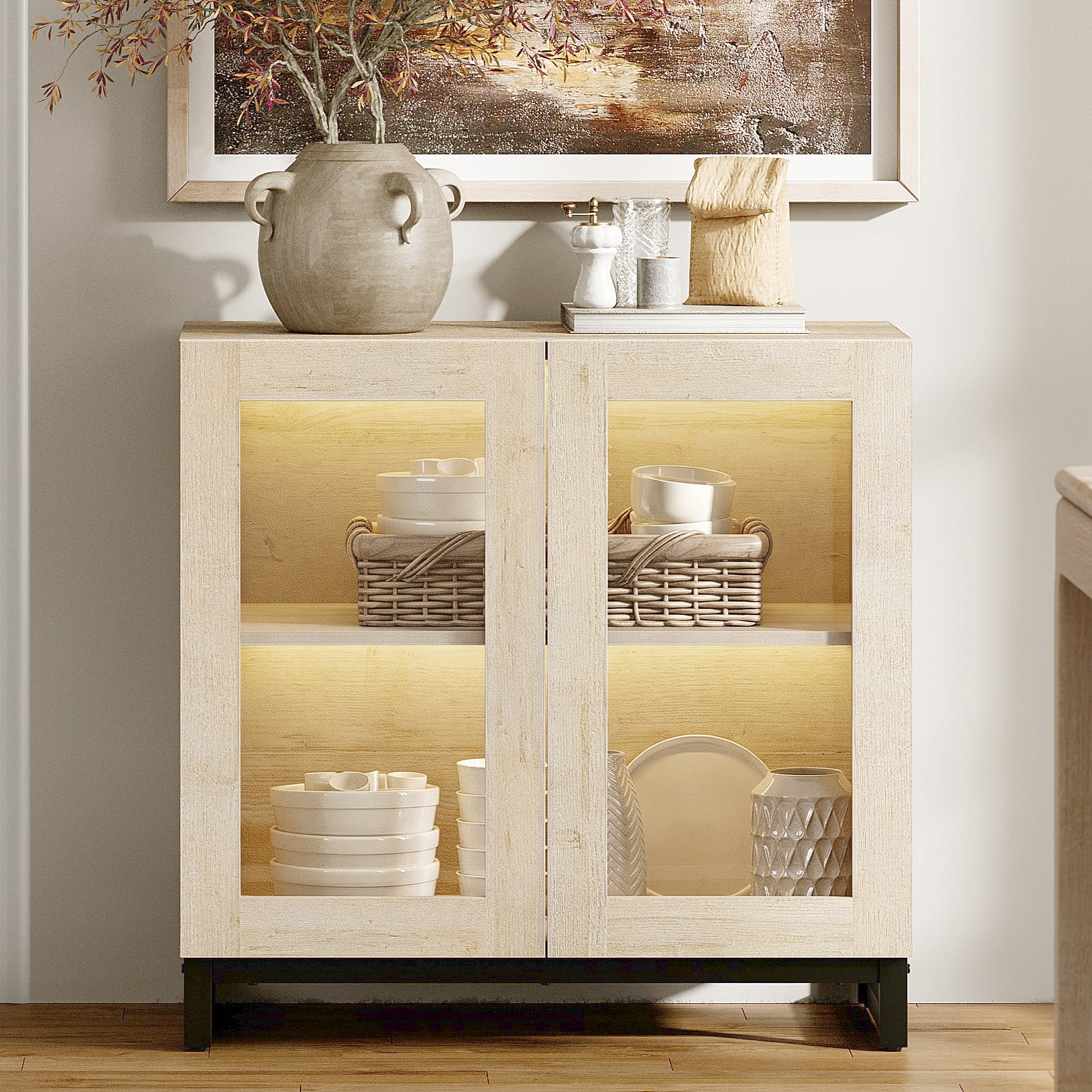 Modern Sideboard Buffet Cabinet with Glass Doors and Adjustable Shelf Coffee Bar Storage Cabinet for Living Room Kitchen,Beige