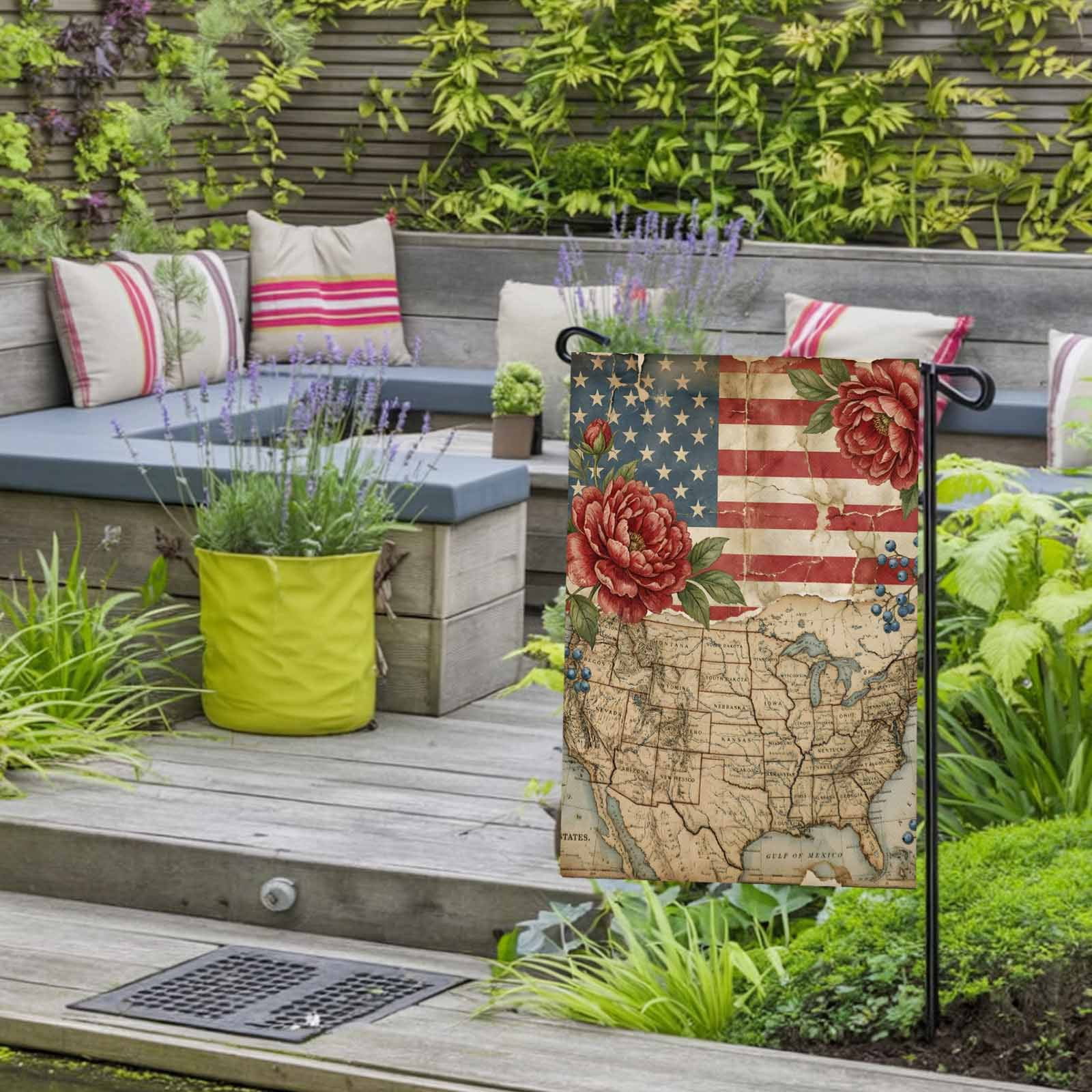 4th of July Garden Flags Retro American Flag Garden Flag Double Sided Welcome Flag Cottagecore Usa Map Red Peony Independence Day Yard Flags for Outdoor Lawn Porch Memorial Day Decor 28x40 Inch