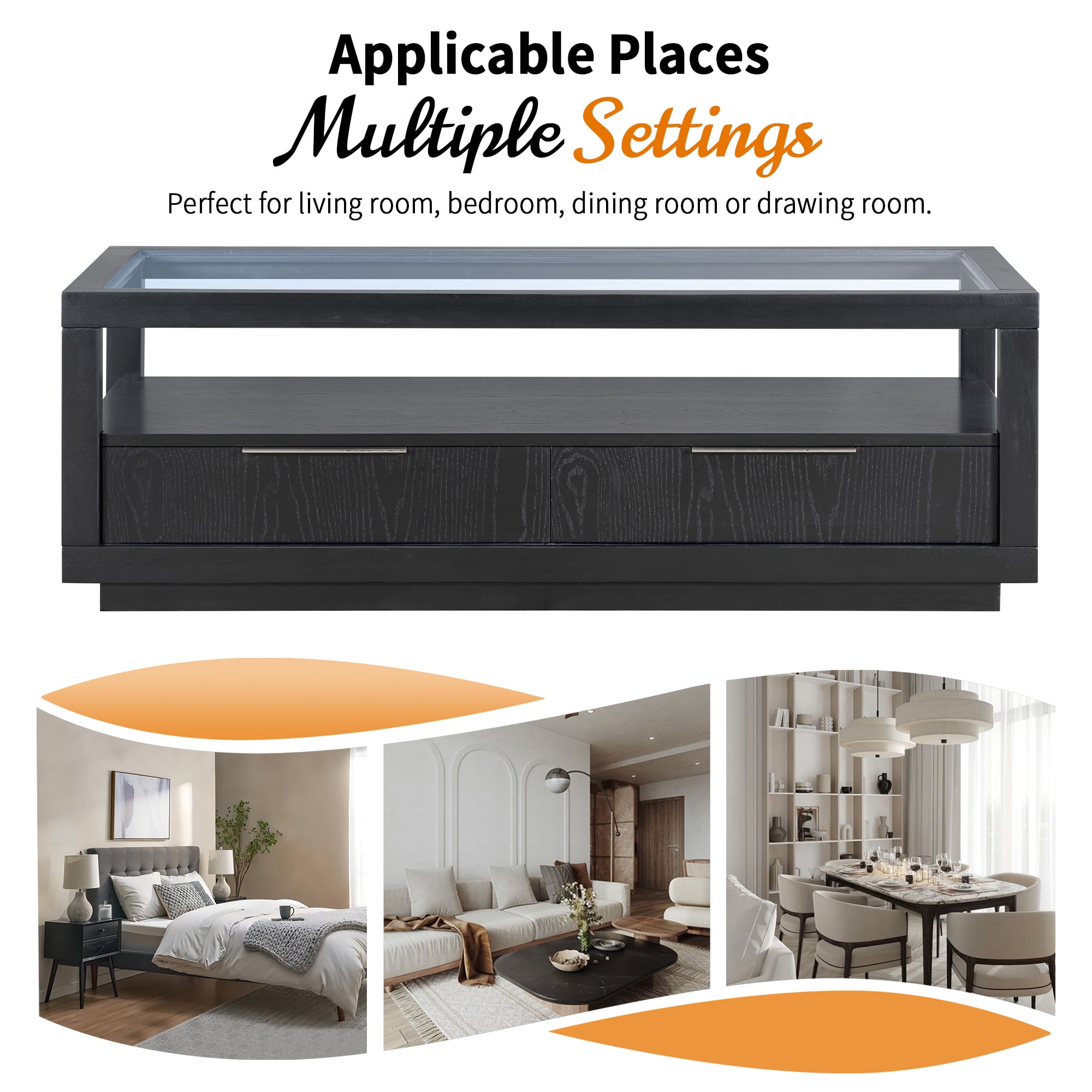 PORKISS Black Coffee Table, Wood Display End Table with 2 Drawers, Modern Center Table with Tempered Glass Table Top and Open Shelf for Living Room, Black