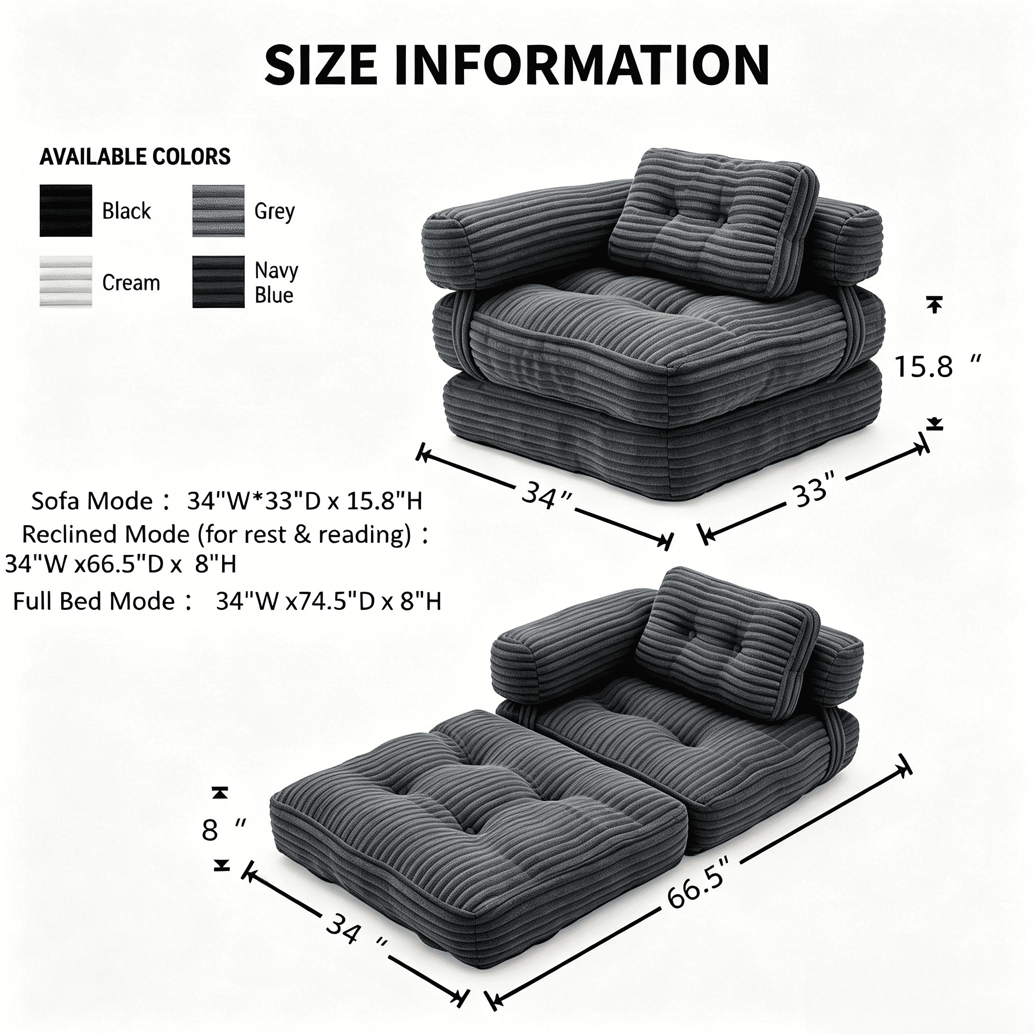 Howcool Corduroy Folding Sofa Bed,3 in 1 Convertible Sleeper Chair with Pillow & L-shaped Lumbar Pillow,Boneless Floor Sofa Couch Lounge Chair for Living Room Dorm,Dark Gray