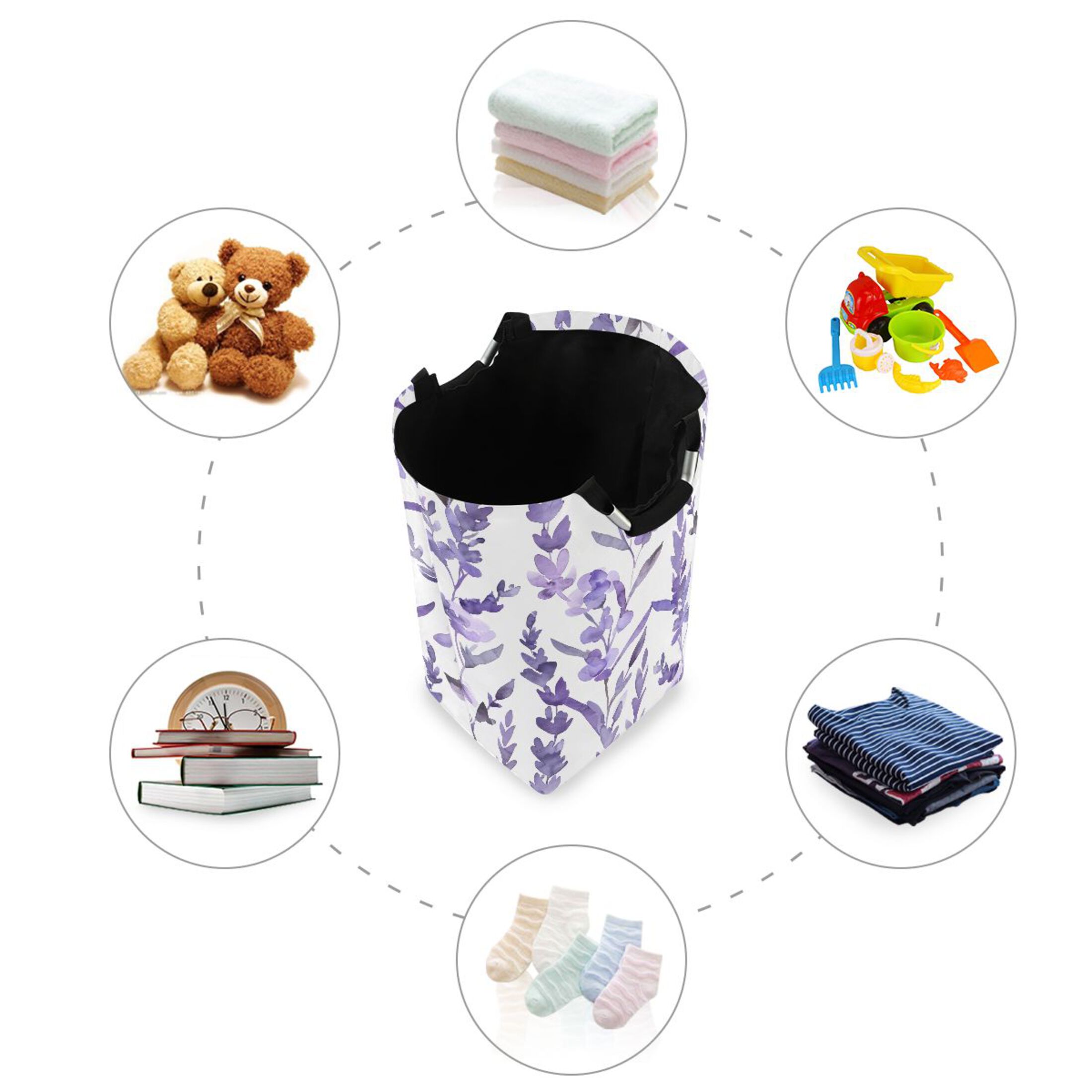 Lavender Watercolor Laundry Basket with Handles Foldable Laundry Hamper Freestanding Washing Bin 50L