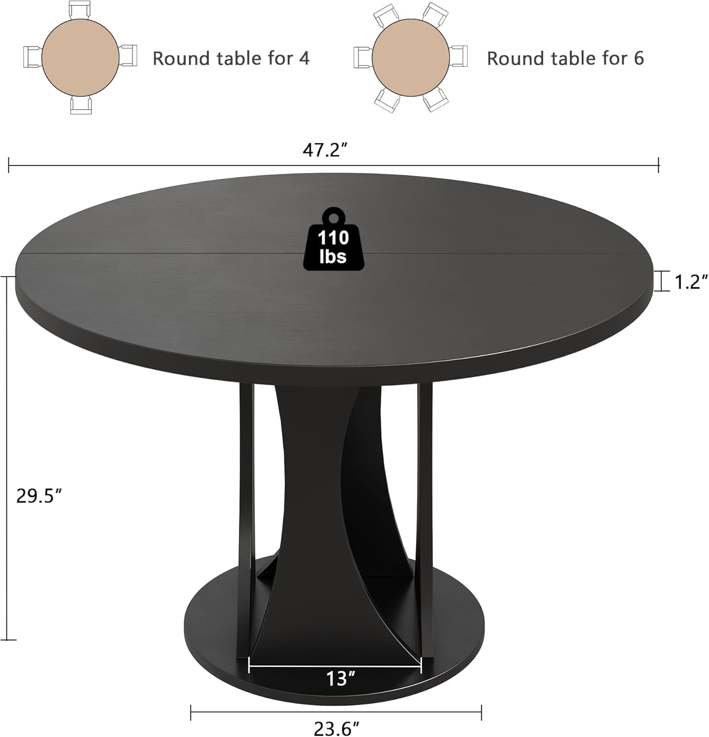 Virans 47.2" Round Dining Room Table for 4-6,Dinner table with MDF for Kitchens,Living Rooms,Black