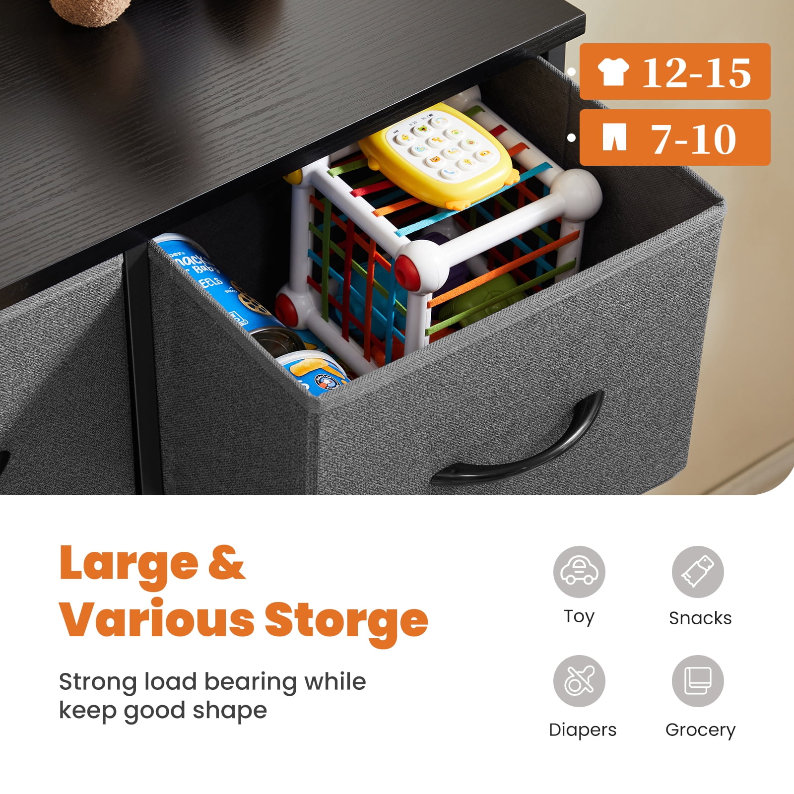 Gianna 9 Drawers Dresser, Fabric Drawer Cabinet for Home Office, Grey