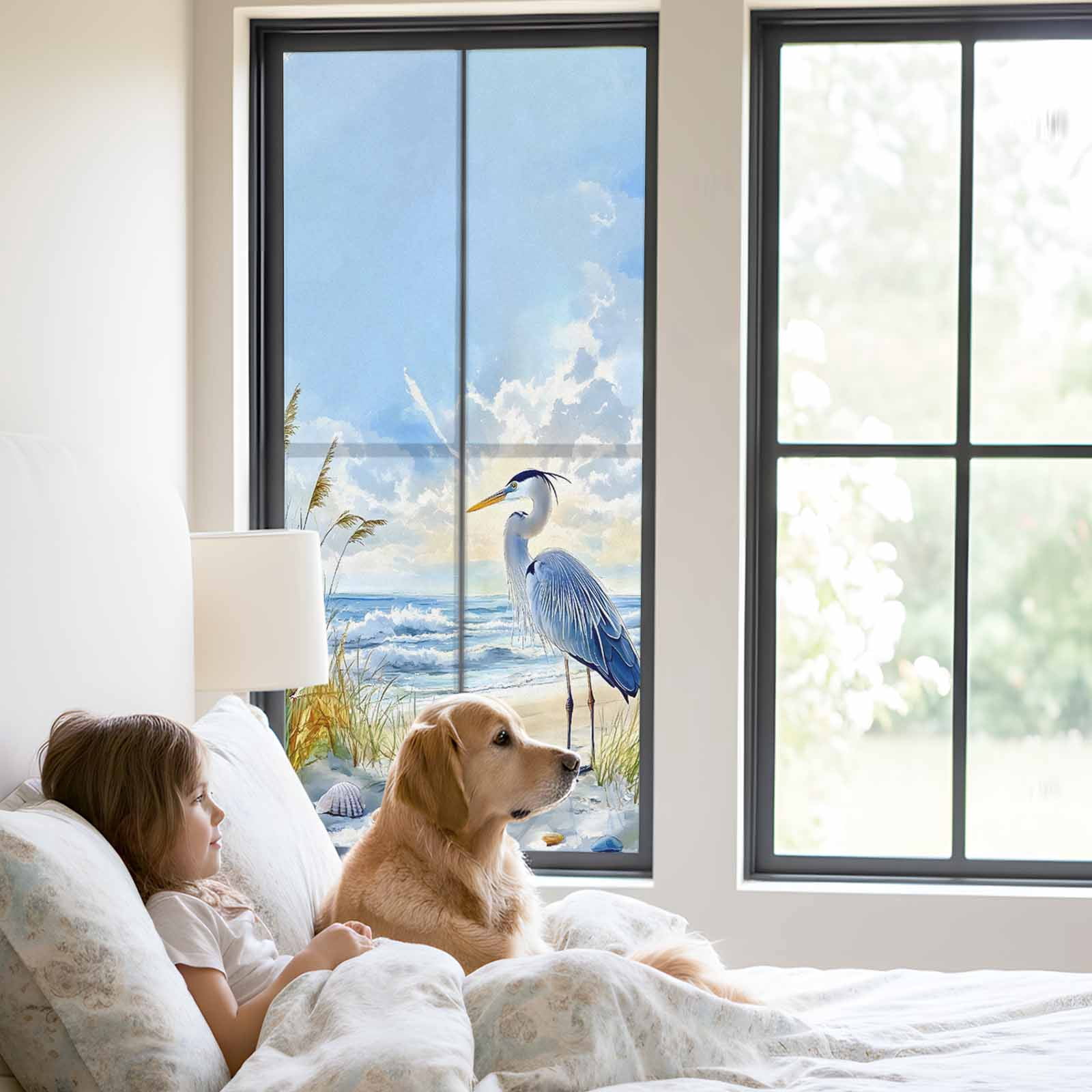 Coastal Birds Window Privacy Film, Blue Sky Heron Seabird Tropical Beach Static Cling UV Sun Blocking Tint Film Heat Control Windows Films for Bedroom Bathroom, Window Stickers 23.6"x59"