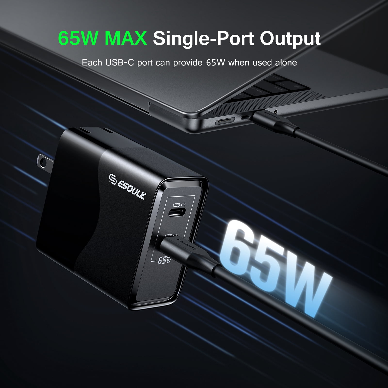 Esoulk Premium 65W GaN 2-Port Dual USB-C Wall Charger Adapter with 2 Cables for iPhone 17 Pro Max, Macbook, iPad, Samsung